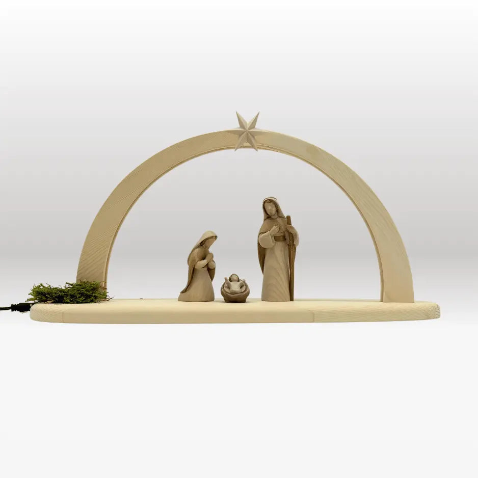 Heilige Familie (3 Figuren) von Akantus bemalt mit Stall "Sternenschein" natur