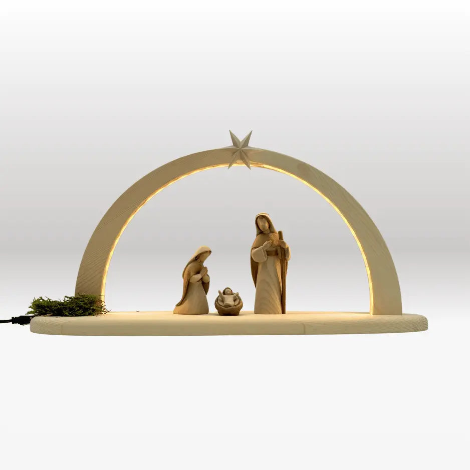 Heilige Familie (3 Figuren) von Akantus bemalt mit Stall "Sternenschein" natur