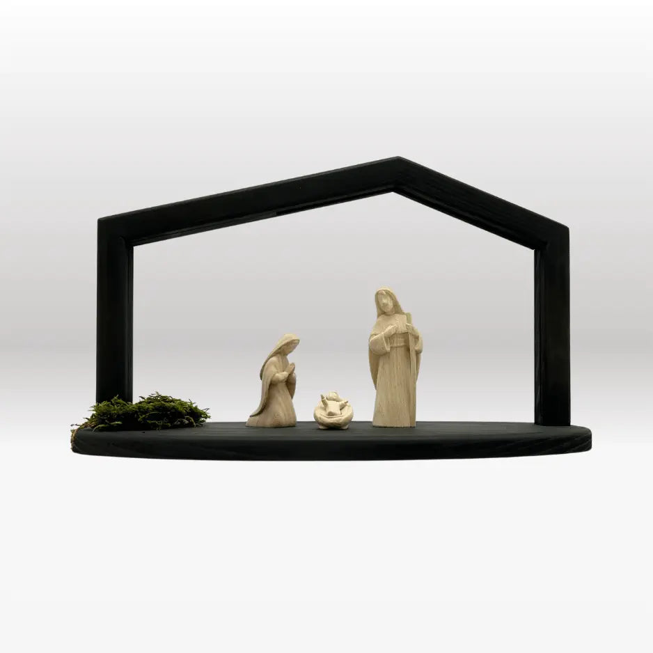 Heilige Familie (3 Figuren) von Akantus natur mit Stall "Akantus Design" grau