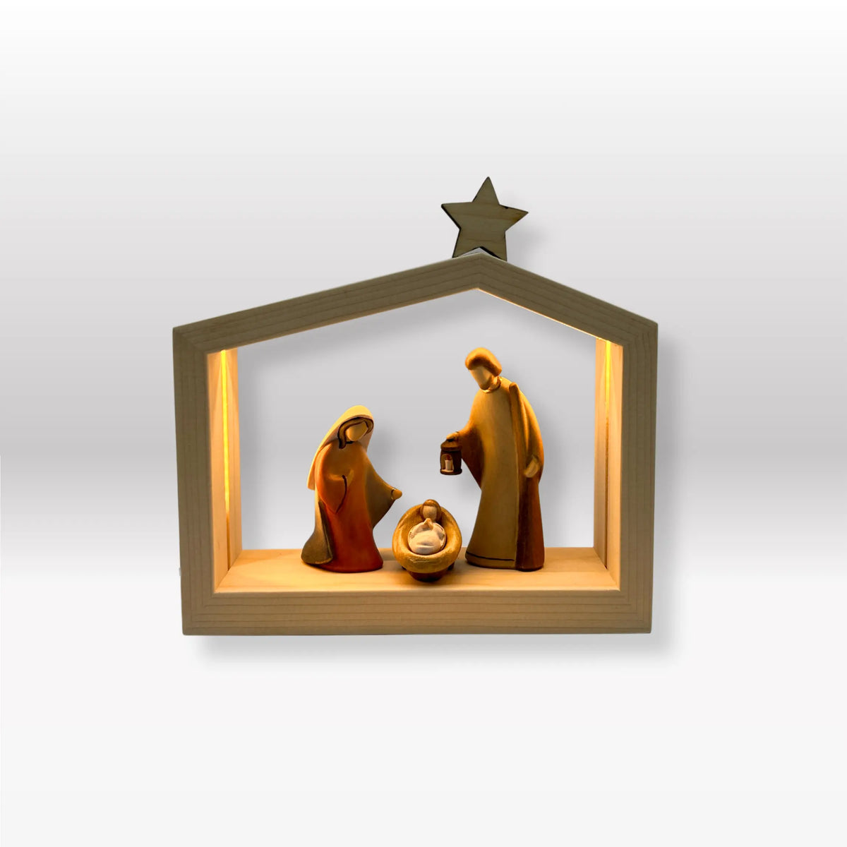 Heilige Familie (3 Figuren) von Leonardo bemalt mit Familienhaus "Akantus Design" Fichte natur