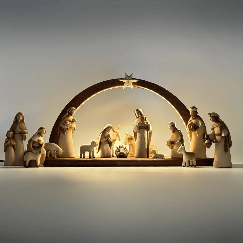 Krippenfiguren Set (15 Figuren) von Akantus bemalt mit Stall "Sternenschein"dunkel