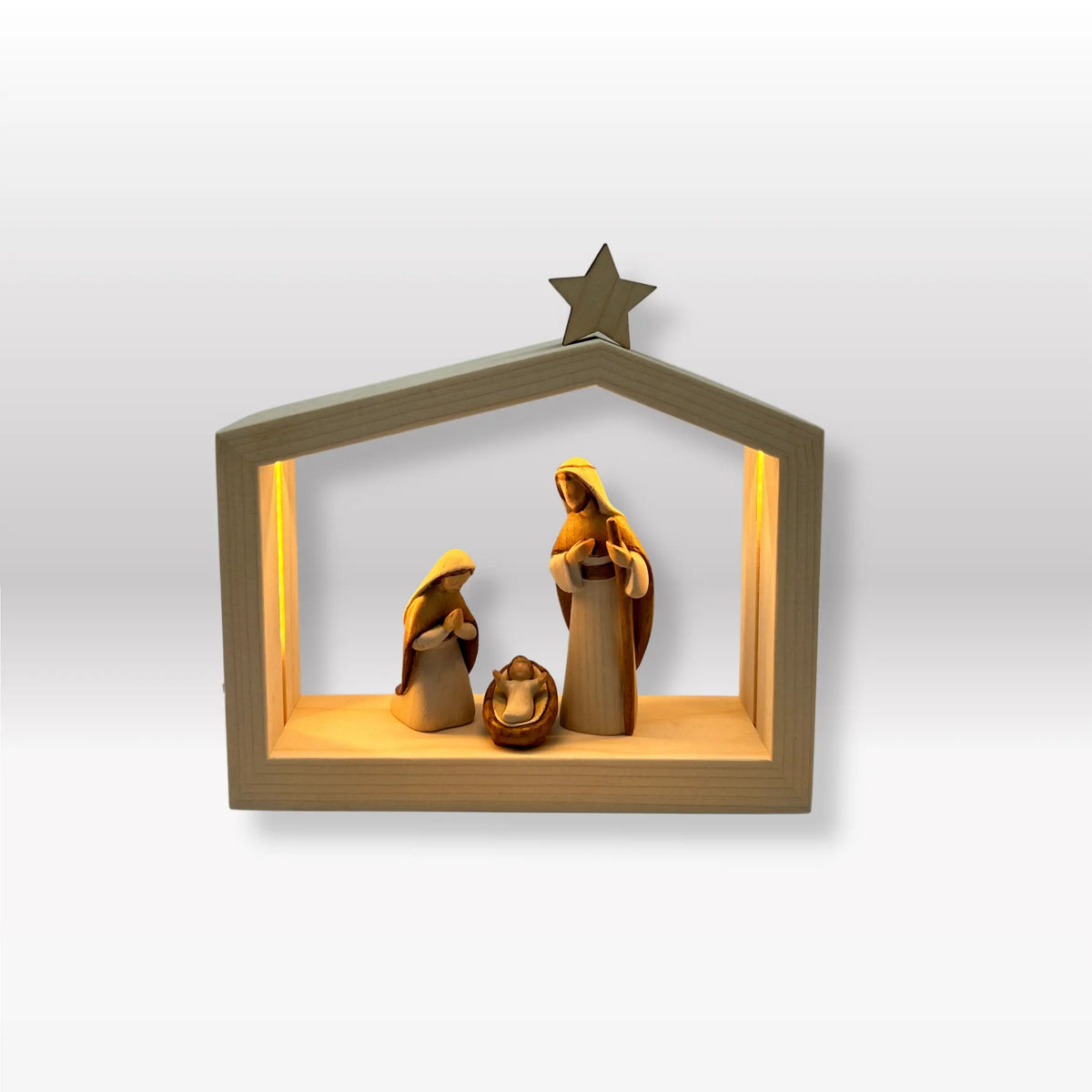 Heilige Familie (3 Figuren) von Akantus bemalt mit Familienhaus "Akantus Design" Fichte natur